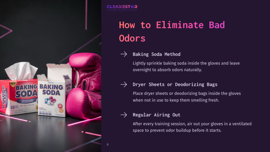 8 How To Eliminate Bad Odors Pink Boxing Gloves And Boxes Of Baking Soda Sit On A Dark Background, With Text Overlay Suggesting Methods To Eliminate Glove Odors, Such As Using Baking Soda And Dryer Sheets.