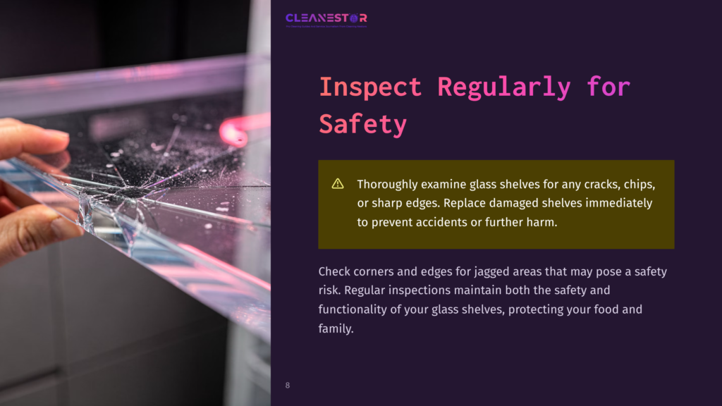 8 Inspect Regularly For Safety Close-Up Of A Hand Inspecting A Cracked And Shattered Glass Shelf, Highlighting The Danger Of Damaged Refrigerator Shelves And The Need For Regular Safety Inspections.