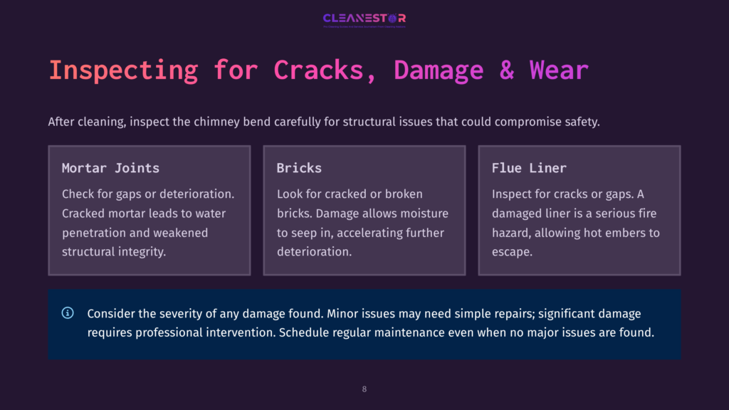 8 Inspecting For Cracks Damage And Wear Cleannestor Logo And Text: &Quot;Inspecting For Cracks, Damage &Amp; Wear.&Quot; Below, Three Sections Detail Inspection Points: Mortar Joints, Bricks, And Flue Liner, With Bullet Points Describing Issues To Check For. A Warning Icon And Text Emphasize Assessing Damage Severity And Scheduling Maintenance.