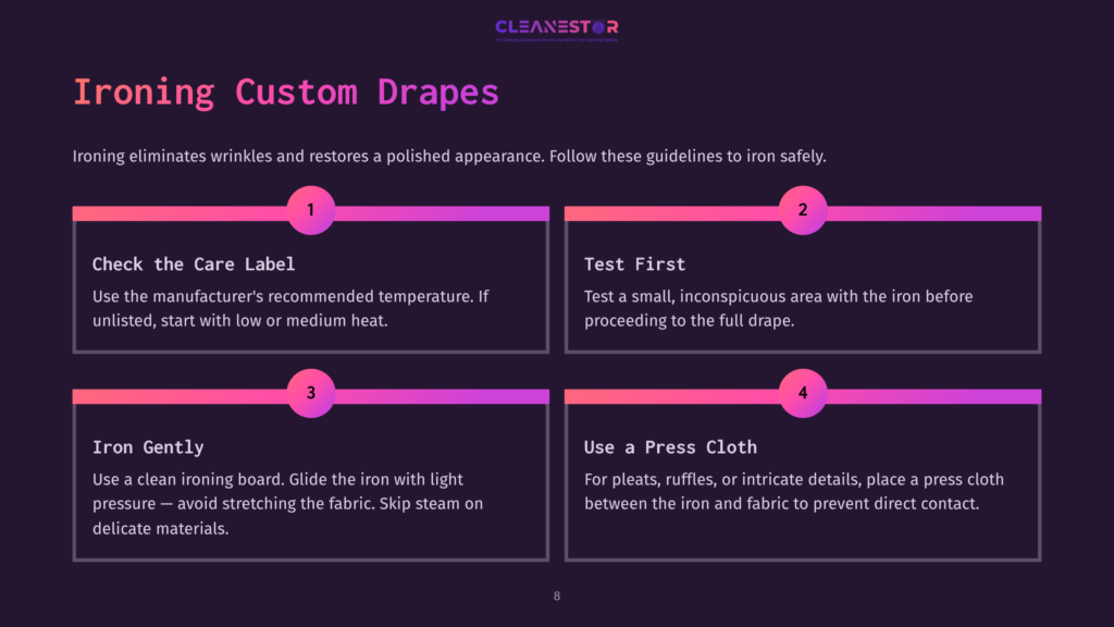 Infographic Detailing The Four Steps For Ironing Custom Drapes: Check Care Label, Test First, Iron Gently, And Use A Press Cloth. The Infographic Has A Dark Background With Vibrant Pink And Purple Accents.