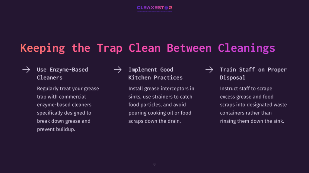 Infographic Titled &Quot;Keeping The Trap Clean Between Cleanings&Quot; With Three Columns: &Quot;Use Enzyme-Based Cleaners,&Quot; &Quot;Implement Good Kitchen Practices,&Quot; And &Quot;Train Staff On Proper Disposal.