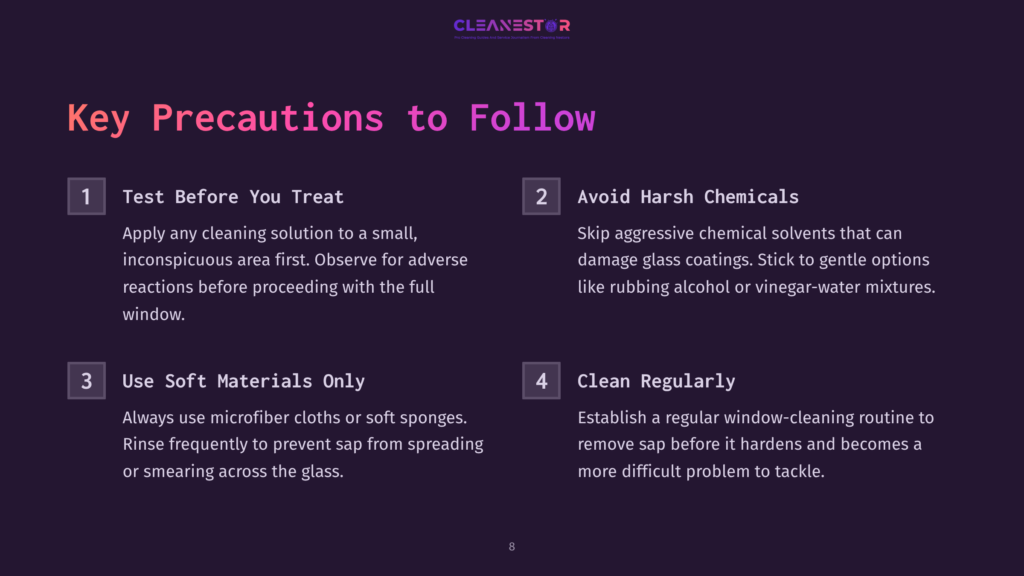 Cleanestor Logo At The Top Of A Dark Purple Slide With The Title &Quot;Key Precautions To Follow&Quot; In White And Red. Four Numbered Sections Detail Cleaning Tips: Test Before You Treat, Avoid Harsh Chemicals, Use Soft Materials Only, And Clean Regularly.