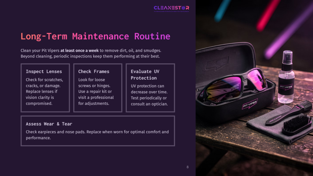 A Black Protective Case For Pit Viper Sunglasses Rests Open On A Wooden Table, Revealing A Pair Of Stylish Sunglasses And A Cleaning Kit With A Spray Bottle And Brush. Text Overlay Reads &Quot;Cleanestor&Quot; And &Quot;Long-Term Maintenance Routine&Quot;.