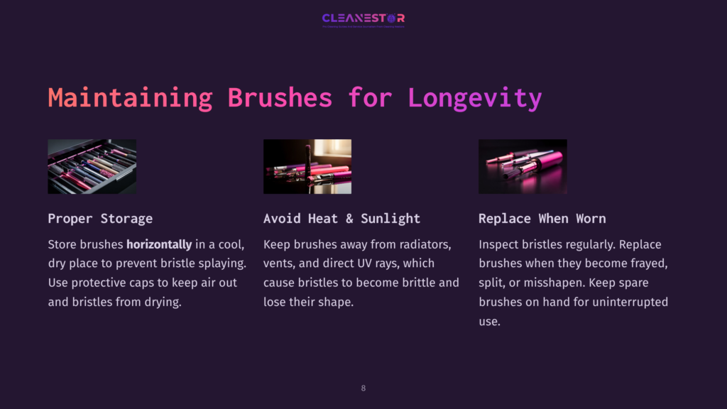 Three Sections On Maintaining Brushes: Proper Storage In A Case, Protection From Heat And Uv Rays, And Replacing Frayed Brushes.