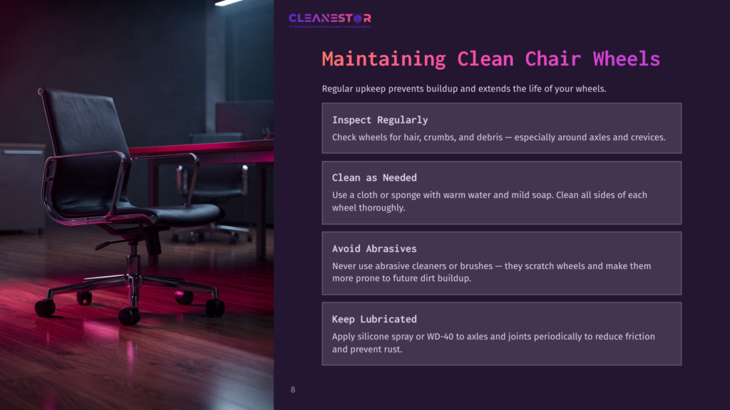 8 Maintaining Clean Chair Wheels A Black Office Chair With Chrome Accents Sits On A Polished Floor, Illuminated By Dramatic Pink And Purple Lighting. Text Overlay Reads &Quot;Cleanestor&Quot; And &Quot;Maintaining Clean Chair Wheels&Quot;.