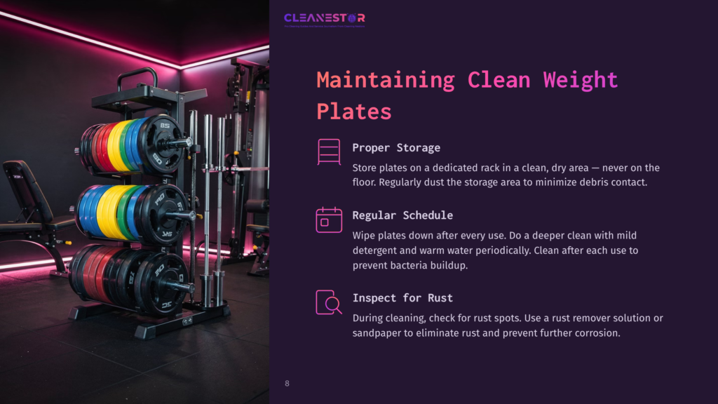 A Weight Plate Rack With Colorful Olympic Weight Plates In A Gym. Text Overlay Reads &Quot;Cleanestor&Quot; And &Quot;Maintaining Clean Weight Plates&Quot;.