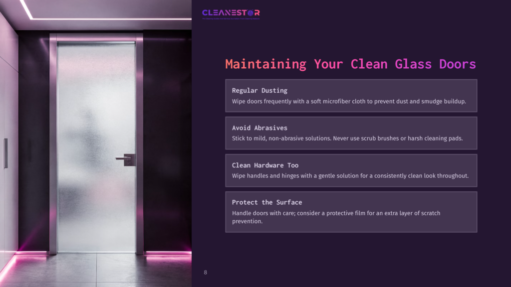 A Modern Frosted Glass Door With A Brushed Metal Handle Is Illuminated By Soft Pink And Purple Ambient Lighting, Showcasing A Sleek Hallway. The Text &Quot;Cleanestor&Quot; And &Quot;Maintaining Your Clean Glass Doors&Quot; Is Visible.
