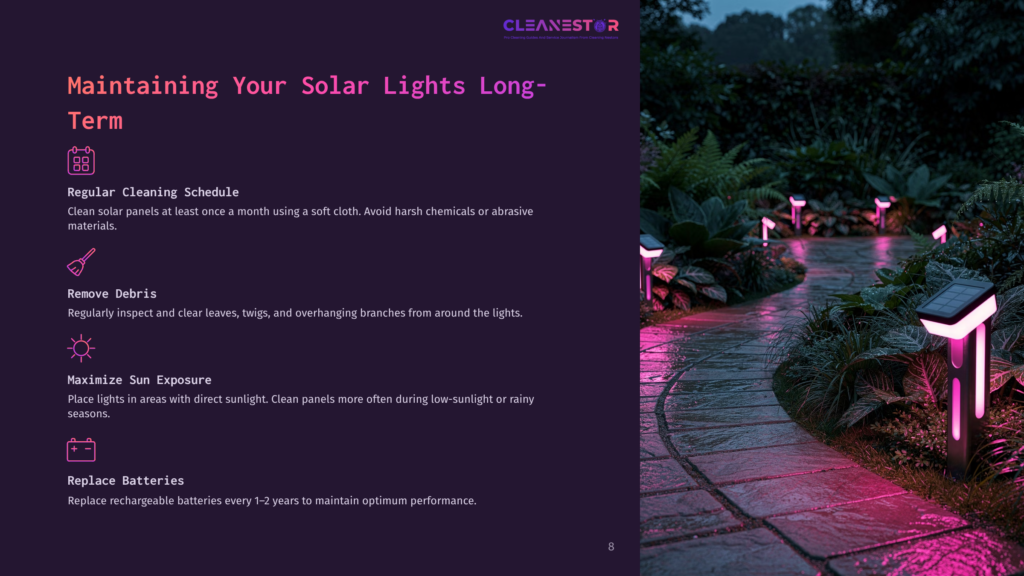 8 Maintaining Your Solar Lights Long Term A Well-Maintained Garden Path With Solar Lights Illuminating The Way. This Image Is Part Of A Guide On Maintaining Solar Lights Long-Term, Featuring Tips On Cleaning, Debris Removal, Sun Exposure, And Battery Replacement.