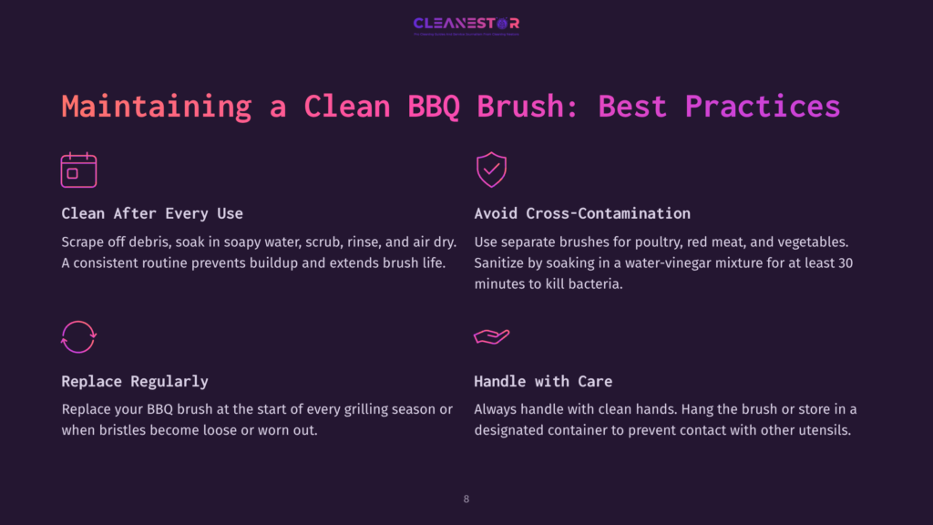 8 Maintaining A Clean Bbq Brush Best Practices Infographic Detailing Best Practices For Maintaining A Clean Bbq Brush, Including Cleaning After Every Use, Avoiding Cross-Contamination, Replacing Regularly, And Handling With Care. Text Includes &Quot;Cleanestor&Quot; Logo.