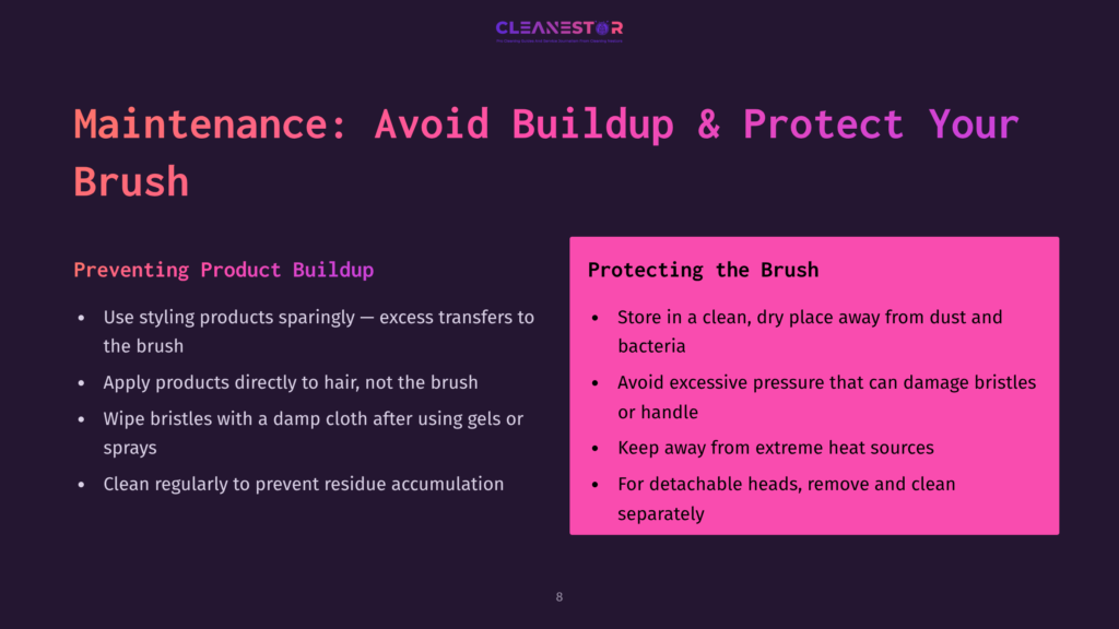 Presentation Slide Titled &Quot;Maintenance: Avoid Buildup &Amp; Protect Your Brush&Quot; With Tips On Preventing Product Buildup And Protecting Brushes, Featuring Text In Dark Purple And Pink Sections.