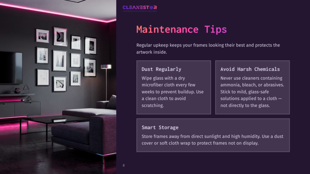 Modern Living Room With A Dark Grey Wall Showcasing A Gallery Of Framed Art, Accented By Vibrant Pink Neon Lighting. The Text &Quot;Cleanestor Maintenance Tips&Quot; Is Overlaid On The Image.