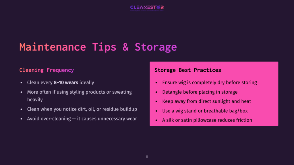 Dark Background With The Text &Quot;Maintenance Tips &Amp; Storage&Quot; In Large White And Pink Letters. The Left Side Lists &Quot;Cleaning Frequency&Quot; With Bullet Points, And The Right Side Lists &Quot;Storage Best Practices&Quot; With Bullet Points. The Cleanestor Logo Is At The Top.