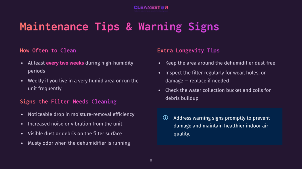 Maintenance Tips And Warning Signs For Dehumidifiers, Including Cleaning Frequency, Filter Needs, And Longevity Advice.