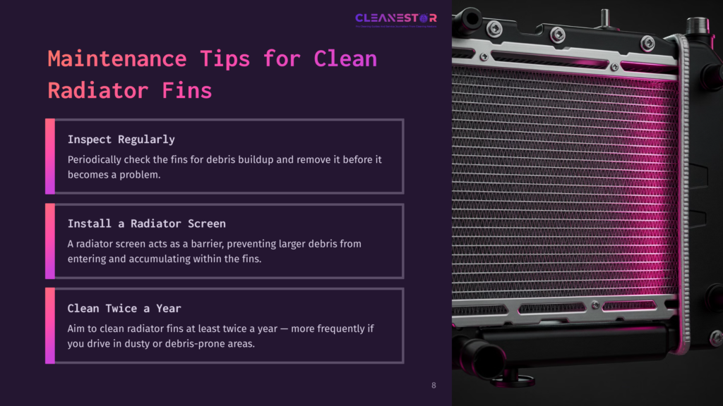 Close-Up Of A Clean Radiator Fin Assembly With Pink Led Lighting, Featuring Maintenance Tips For Clean Radiator Fins From Cleanestor.