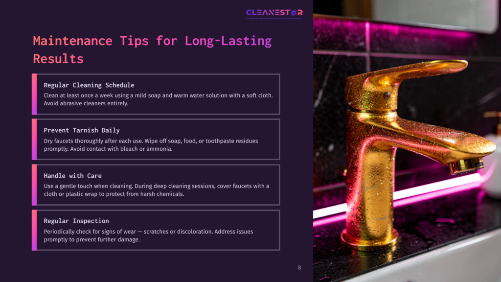 8 Maintenance Tips For Long Lasting Results Gold Faucet With Water Droplets, Illuminated By Pink Led Lights, Sits On A Black Countertop Next To A White Soap Dispenser. Text Overlay On Left: &Quot;Cleanestor Maintenance Tips For Long-Lasting Results.
