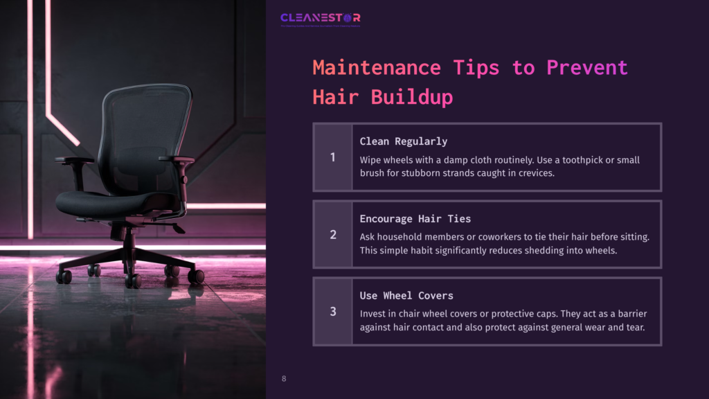 A Black Mesh Office Chair With Chrome Accents Sits On A Polished Dark Floor, Illuminated By Purple Neon Lights In The Background. Text On The Right Side Of The Image Reads &Quot;Maintenance Tips To Prevent Hair Buildup&Quot; With Three Numbered Points: &Quot;Clean Regularly,&Quot; &Quot;Encourage Hair Ties,&Quot; And &Quot;Use Wheel Covers.