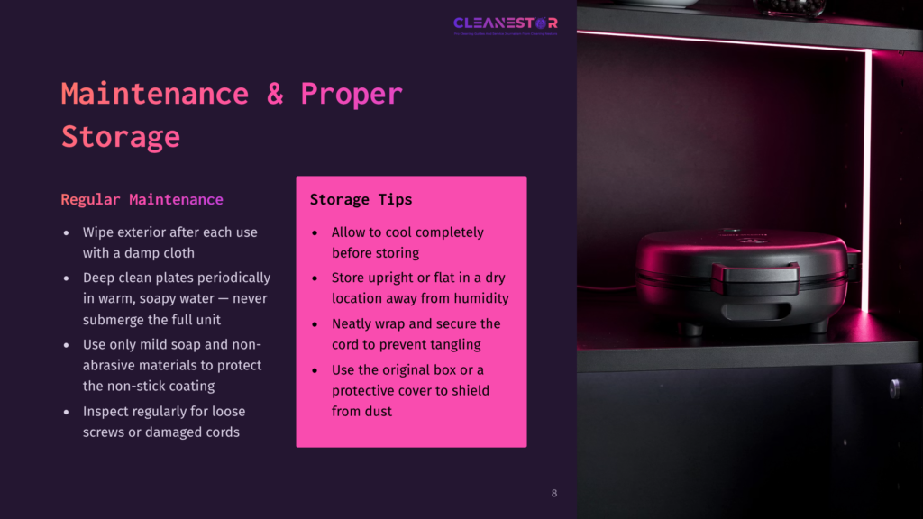 A Black Waffle Maker Sits On A Shelf In A White Storage Unit With Pink Led Lighting. Text On The Left Provides Maintenance And Storage Tips For The Waffle Maker.