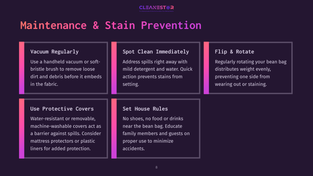 A Graphic With The Title &Quot;Maintenance &Amp; Stain Prevention&Quot; For Bean Bags. It Features Five Sections: &Quot;Vacuum Regularly,&Quot; &Quot;Spot Clean Immediately,&Quot; &Quot;Flip &Amp; Rotate,&Quot; &Quot;Use Protective Covers,&Quot; And &Quot;Set House Rules.
