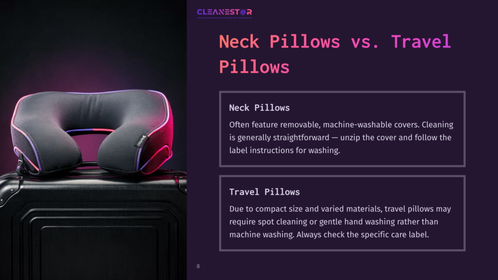 Neck Pillows Vs. Travel Pillows Comparison Graphic. A Purple Neck Pillow With Pink And Blue Lighting Sits On A Black Suitcase. Text Reads &Quot;Cleanestor&Quot;, &Quot;Neck Pillows Vs. Travel Pillows&Quot;, And Details On Neck And Travel Pillow Cleaning.
