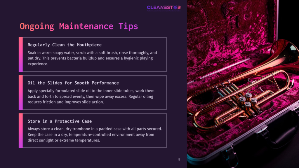 8 Ongoing Maintenance Tips 1 A Brass Trumpet Lies Open In A Plush Pink Velvet-Lined Case, With A Graphic Overlay Displaying &Quot;Cleanestor&Quot; And Maintenance Tips For Brass Instruments, Including Cleaning The Mouthpiece, Oiling Slides, And Proper Storage.