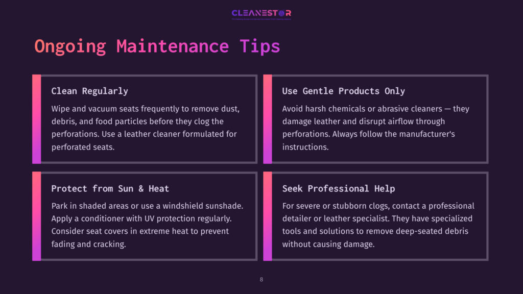 8 Ongoing Maintenance Tips 10 Infographic With Text Titled &Quot;Ongoing Maintenance Tips&Quot; And Four Sections: &Quot;Clean Regularly,&Quot; &Quot;Use Gentle Products Only,&Quot; &Quot;Protect From Sun &Amp; Heat,&Quot; And &Quot;Seek Professional Help.