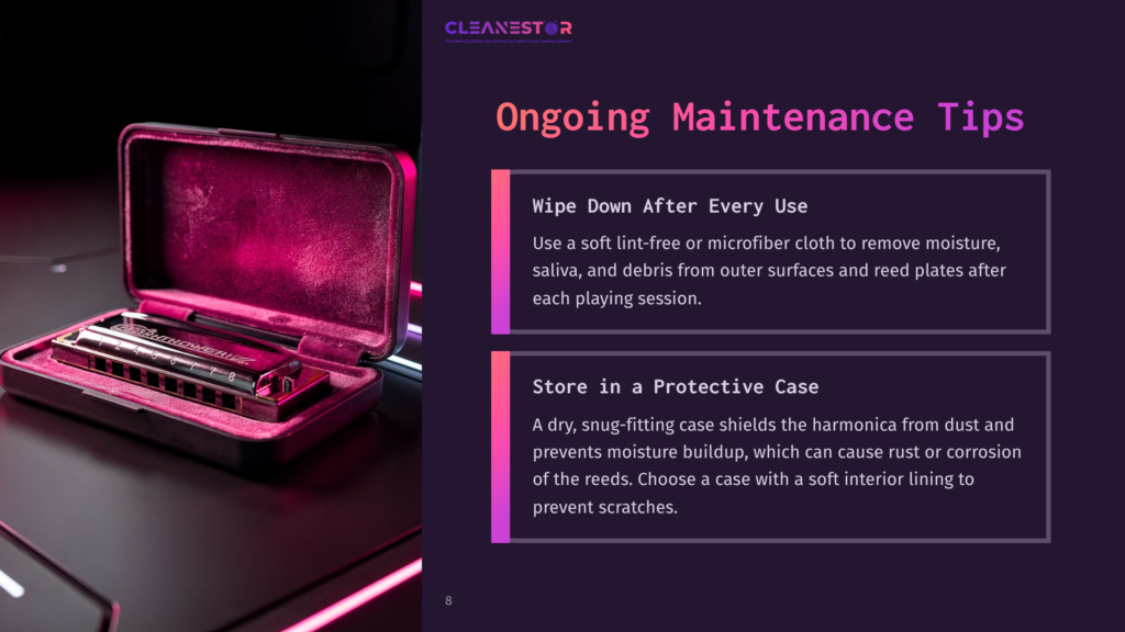 A Shiny, Metallic Harmonica Rests Open In Its Plush, Dark Pink Velvet-Lined Case, Showcasing Its Polished Surface And Numbered Keys. The Case Is Closed, Resting On A Dark, Reflective Surface, With A Vibrant Pink Glow Illuminating The Scene.