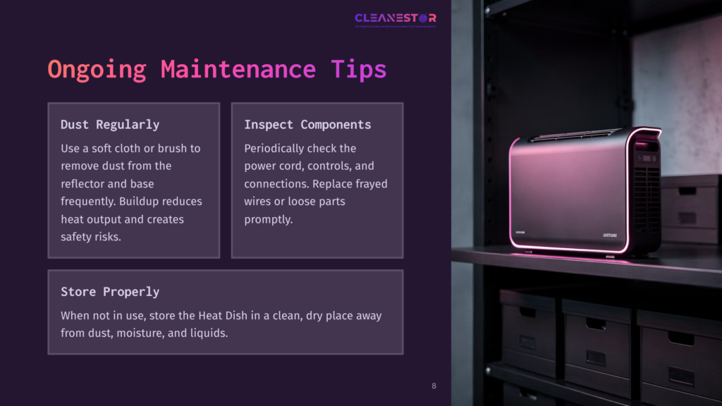 Cleanestor Heat Dish Maintenance Tips: Dust Regularly, Inspect Components, And Store Properly. A Black Cleanestor Heat Dish Sits On A Shelf In A Dark Closet.