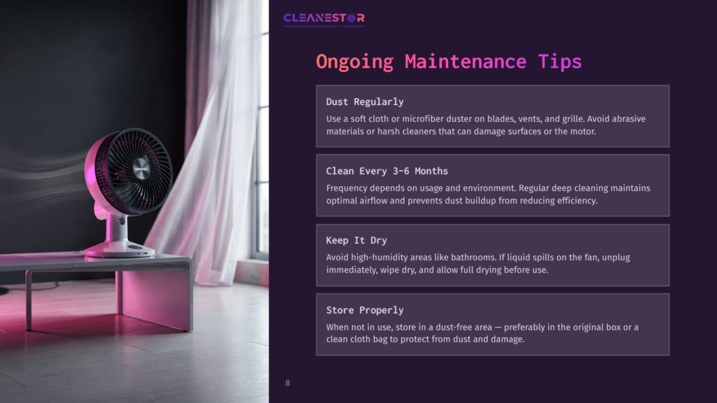 8 Ongoing Maintenance Tips 5 A Modern White Oscillating Fan Sits On A Minimalist Gray Table In A Dimly Lit Room, With A Large Window And Sheer Curtains In The Background. Text On The Right Side Of The Image Reads &Quot;Ongoing Maintenance Tips,&Quot; With Bullet Points About Dust Regularly, Clean Every 3-6 Months, Keep It Dry, And Store Properly.