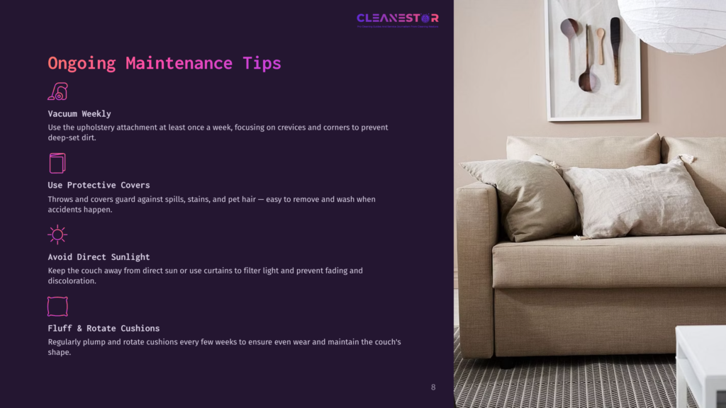 Cleanestor Logo And &Quot;Ongoing Maintenance Tips&Quot; Text Overlay On A Dark Purple Background, With Icons For Vacuuming, Protective Covers, Direct Sunlight, And Cushions. A Plush, Neutral-Toned Sofa Is Visible On The Right.