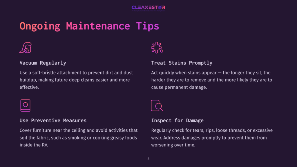 Infographic With Text &Quot;Ongoing Maintenance Tips&Quot; And Icons For &Quot;Vacuum Regularly,&Quot; &Quot;Treat Stains Promptly,&Quot; &Quot;Use Preventive Measures,&Quot; And &Quot;Inspect For Damage.