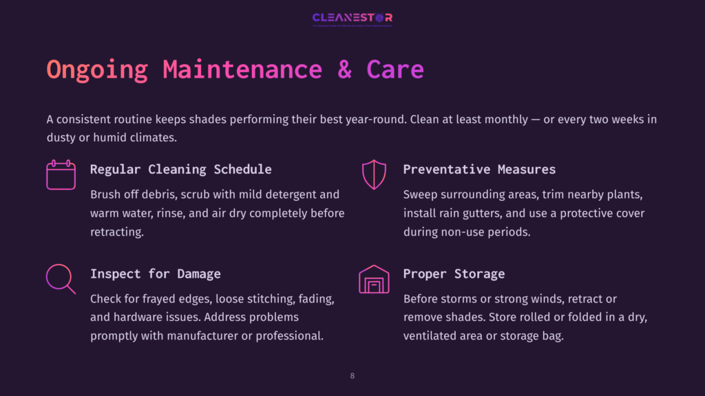 8 Ongoing Maintenance And Care Ongoing Maintenance &Amp; Care: Sections On Regular Cleaning Schedule, Preventative Measures, Inspect For Damage, And Proper Storage, With Icons For Each.