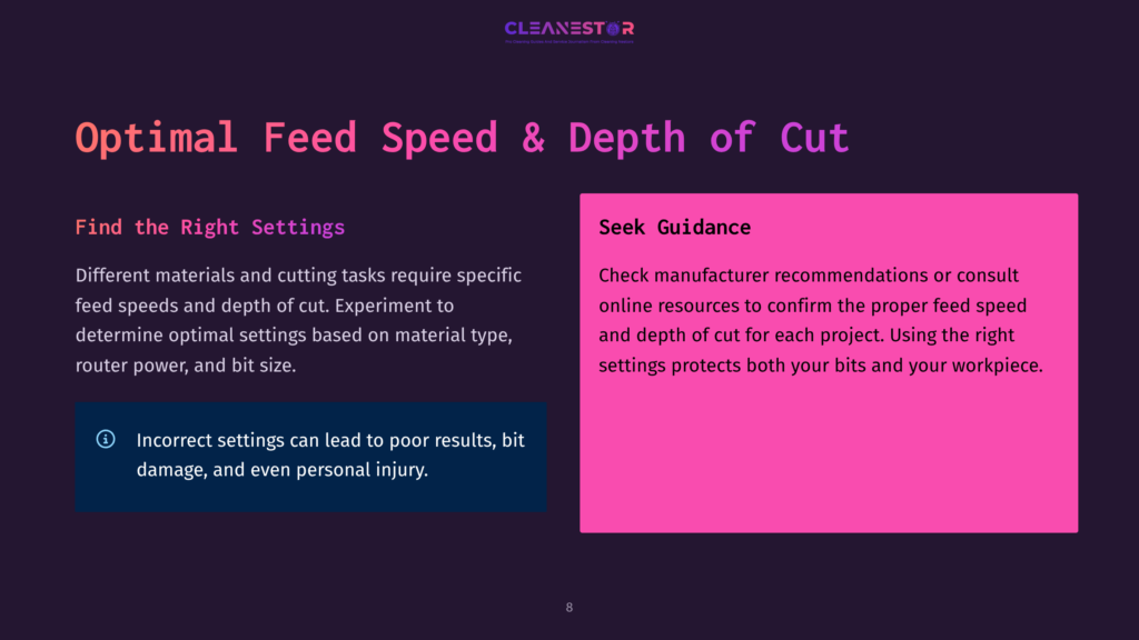 Dark Background With Purple And Pink Text. The Title &Quot;Optimal Feed Speed &Amp; Depth Of Cut&Quot; Is Prominent. Left Side Has Text About Finding The Right Settings And A Warning Icon. Right Side Has A Pink Box With &Quot;Seek Guidance&Quot; And Text About Manufacturer Recommendations.