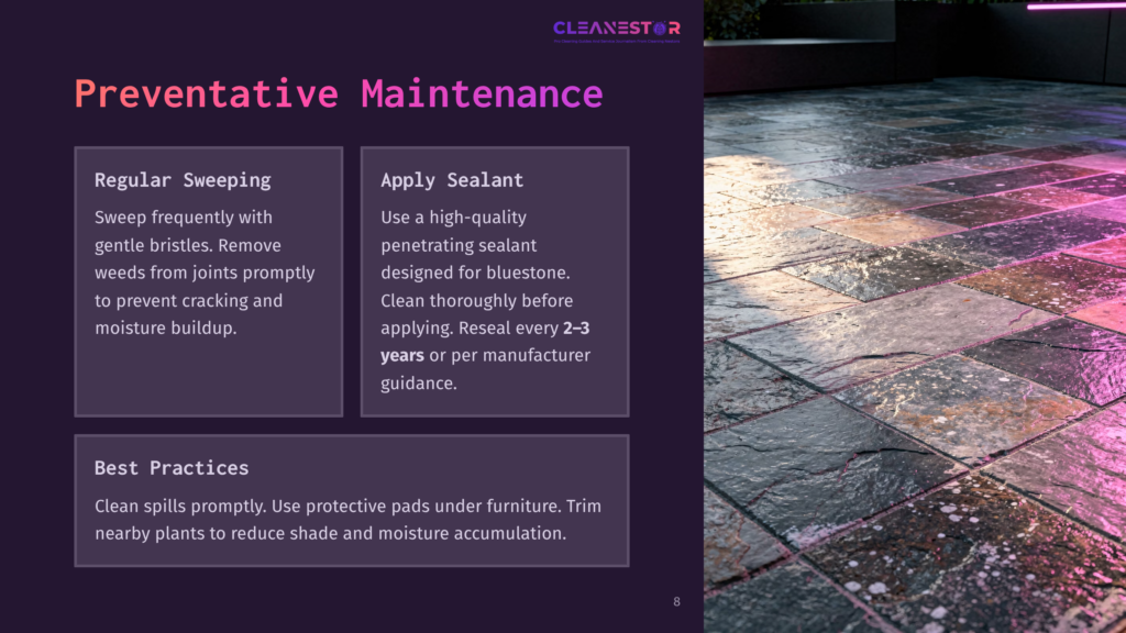 Infographic On Preventative Maintenance For Bluestone Patios, Featuring Text Boxes With Tips Like Regular Sweeping, Applying Sealant, And Best Practices, Set Against A Colorful Bluestone Patio Background.