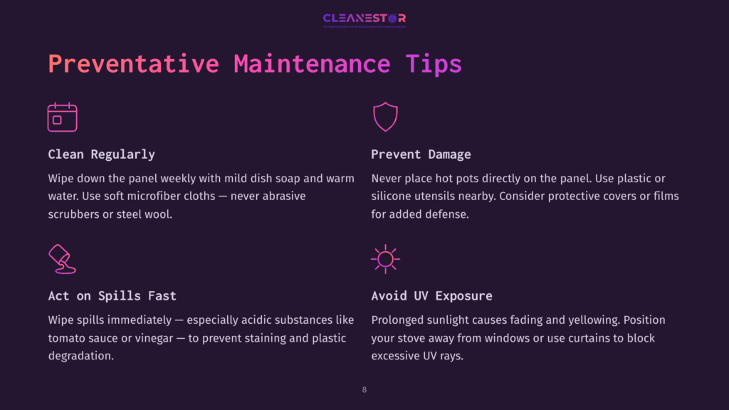 Preventative Maintenance Tips For Cleanstor: Clean Regularly, Prevent Damage, Act On Spills Fast, Avoid Uv Exposure. Icons For Each Tip.