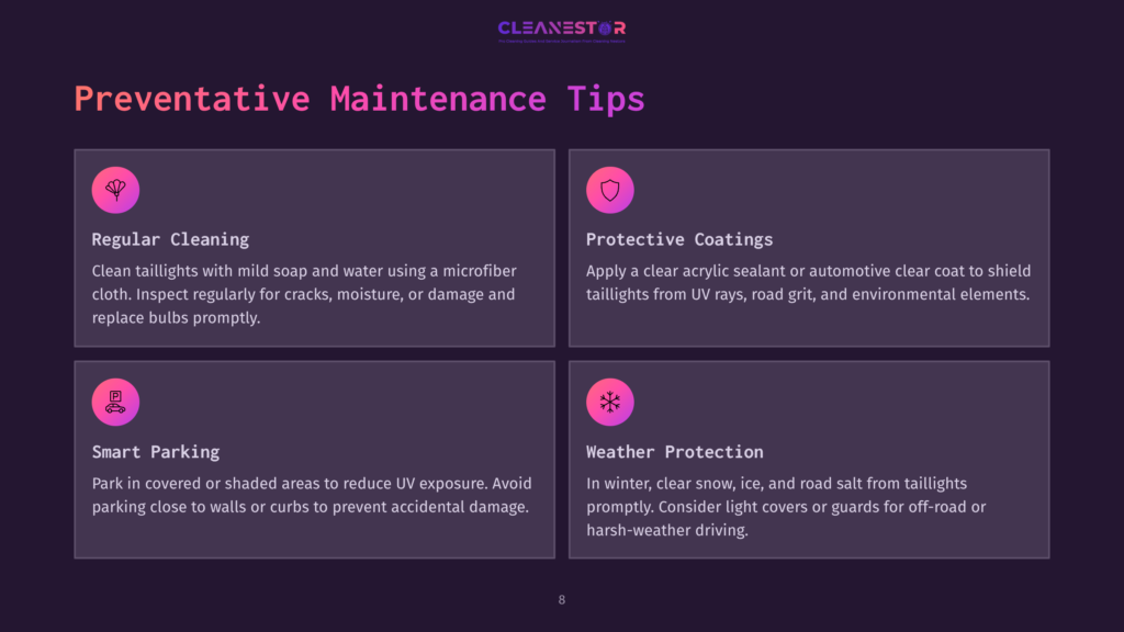 8 Preventative Maintenance Tips Preventative Maintenance Tips For Car Taillights: Regular Cleaning, Protective Coatings, Smart Parking, And Weather Protection. The Text Is Displayed On A Dark Purple Background With Stylized Icons.