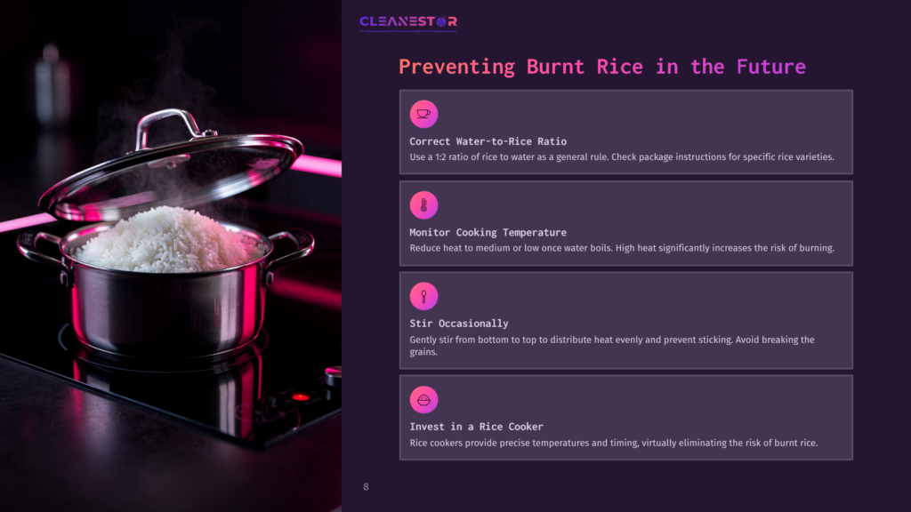 A Pot Of Perfectly Cooked White Rice Steams In A Stainless Steel Pot With A Glass Lid On A Modern Induction Stovetop, With Pink Neon Lighting In The Background. Text Overlay: &Quot;Cleanestor Preventing Burnt Rice In The Future&Quot;.