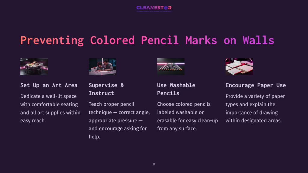 Preventing Colored Pencil Marks On Walls: Four Sections Detail Setting Up An Art Area, Supervising Art Instruction, Using Washable Pencils, And Encouraging Paper Use For Drawing.