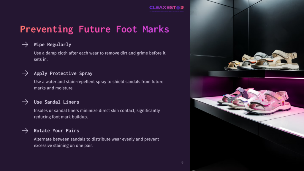 Cleanestor Logo And Text &Quot;Preventing Future Foot Marks&Quot; With Bullet Points: Wipe Regularly, Apply Protective Spray, Use Sandal Liners, Rotate Your Pairs. A Display Shelf With Sandals In The Background.