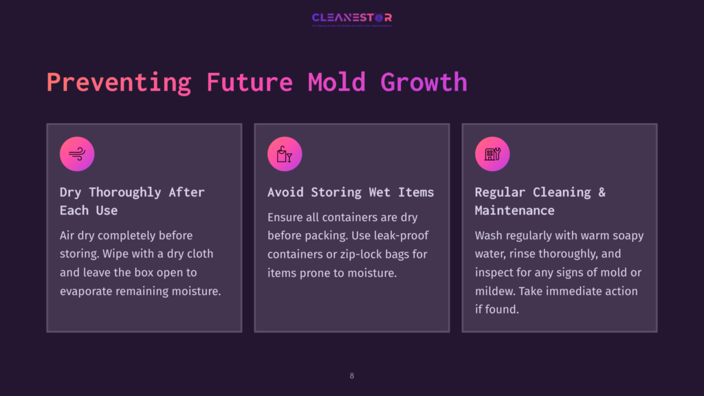 Three Panels Illustrate How To Prevent Future Mold Growth. The Left Panel Shows A Swirling Wind Icon And Text About Drying Thoroughly After Each Use. The Middle Panel Has A Storage Box Icon And Text On Avoiding Storing Wet Items. The Right Panel Features A Cleaning Spray Bottle Icon And Text About Regular Cleaning And Maintenance To Prevent Mold.