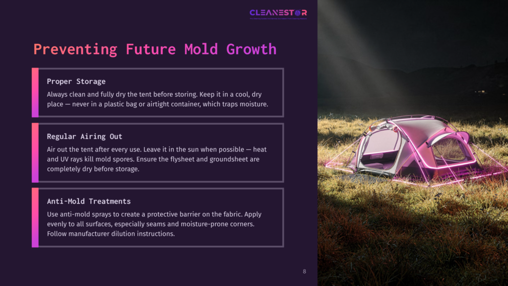 A Pink, Glowing Tent Sits On A Grassy Hill At Dusk, With A Dark, Moody Sky And Light Rays Filtering Through The Trees. Text Overlays Provide Advice On Preventing Mold Growth In Tents.