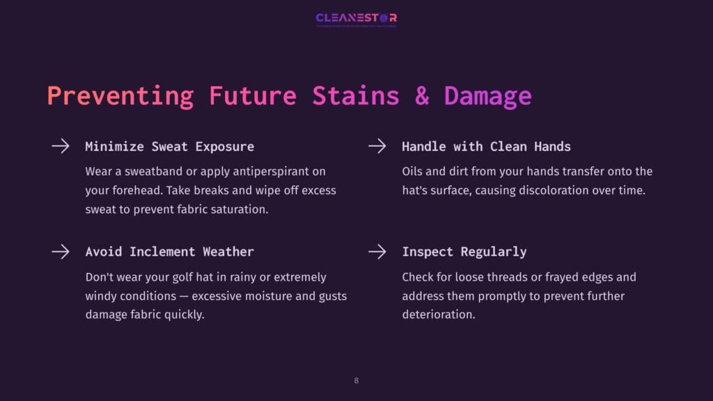 A Dark Purple Background With The Cleanestor Logo At The Top. Text Lists Ways To Prevent Future Stains And Damage To Hats, Including Minimizing Sweat Exposure, Handling With Clean Hands, Avoiding Inclement Weather, And Inspecting Regularly.