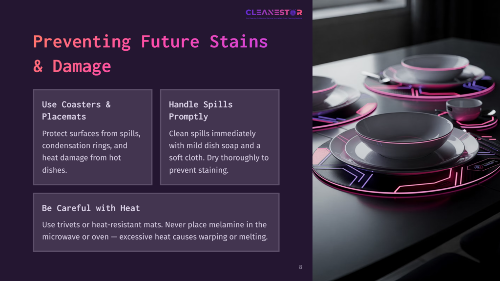 A Dark Tabletop Displays Modern Placemats With Neon Pink Accents Under Bowls And Plates, Next To A Presentation On Preventing Future Stains And Damage.