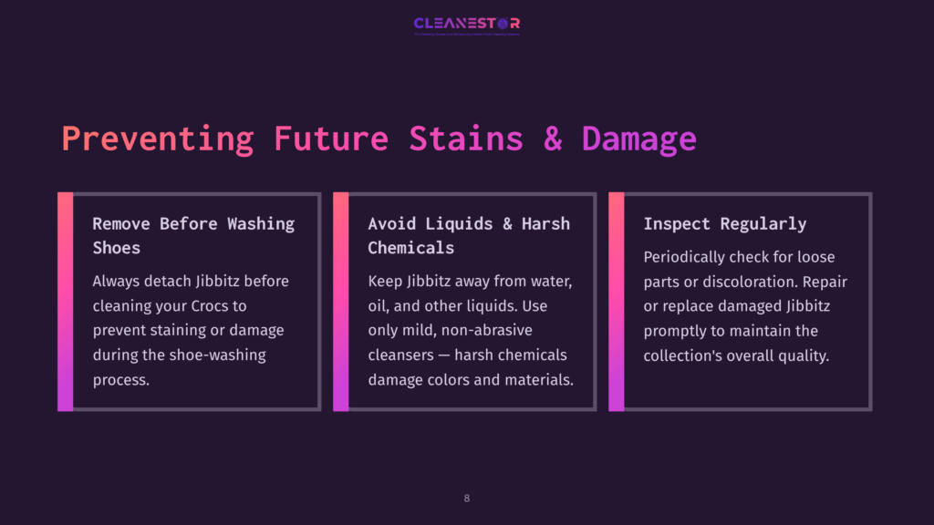 8 Preventing Future Stains And Damage 3 Image With Text Titled &Quot;Preventing Future Stains &Amp; Damage&Quot; With Three Columns: &Quot;Remove Before Washing Shoes,&Quot; &Quot;Avoid Liquids &Amp; Harsh Chemicals,&Quot; And &Quot;Inspect Regularly.