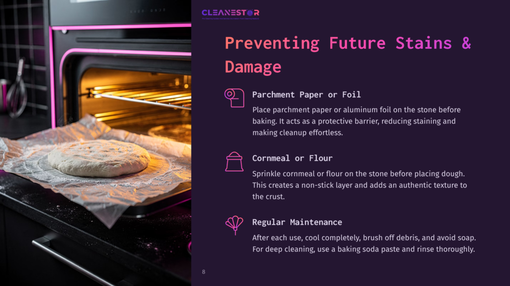 A Pizza Dough Rests On Parchment Paper On A Baking Stone In A Modern Oven With Pink Interior Lighting. Text On The Right Side Of The Image Reads &Quot;Preventing Future Stains &Amp; Damage&Quot; And Lists Methods Like Parchment Paper, Cornmeal, And Regular Maintenance.