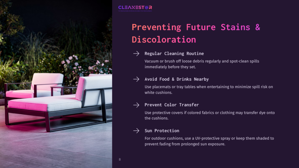 8 Preventing Future Stains And Discoloration Outdoor Patio Furniture With White Cushions Sits On A Dark Patio, Next To Lush Greenery. Text Overlay Reads &Quot;Cleanestor Preventing Future Stains &Amp; Discoloration&Quot;.