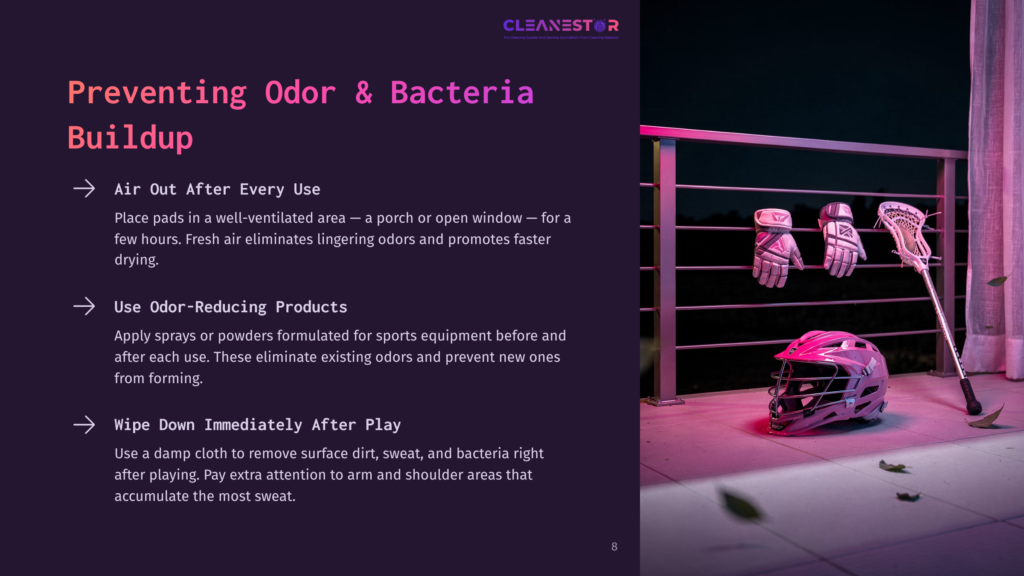 8 Preventing Odor And Bacteria Buildup Pink Lacrosse Helmet And Pads Drying On A Balcony Railing At Sunset, With Text Overlay &Quot;Cleanestor Preventing Odor &Amp; Bacteria Buildup&Quot;.