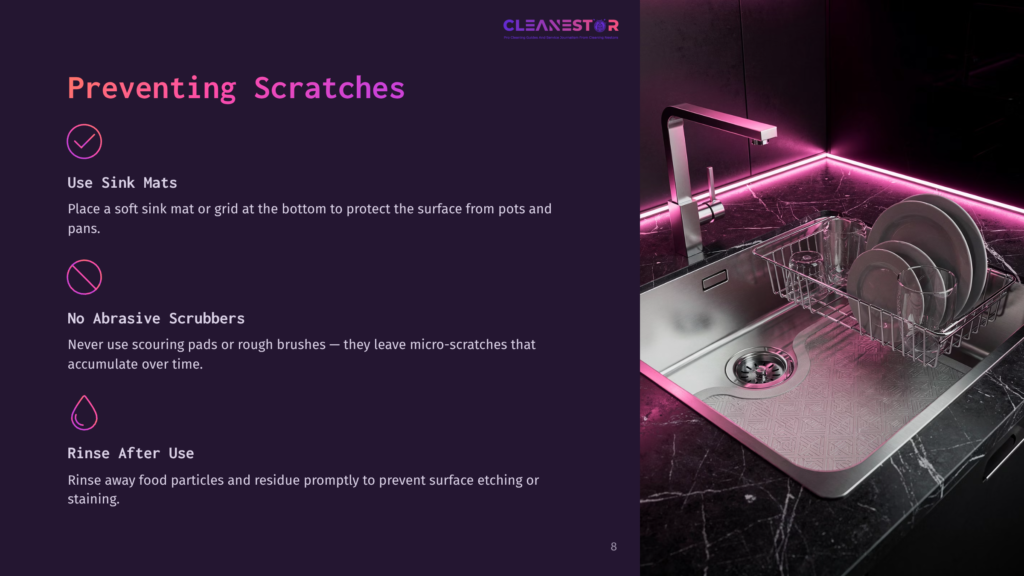 Cleanestor Logo. Preventing Scratches: Use Sink Mats, No Abrasive Scrubbers, Rinse After Use. A Modern Kitchen Sink With Dishes Drying.