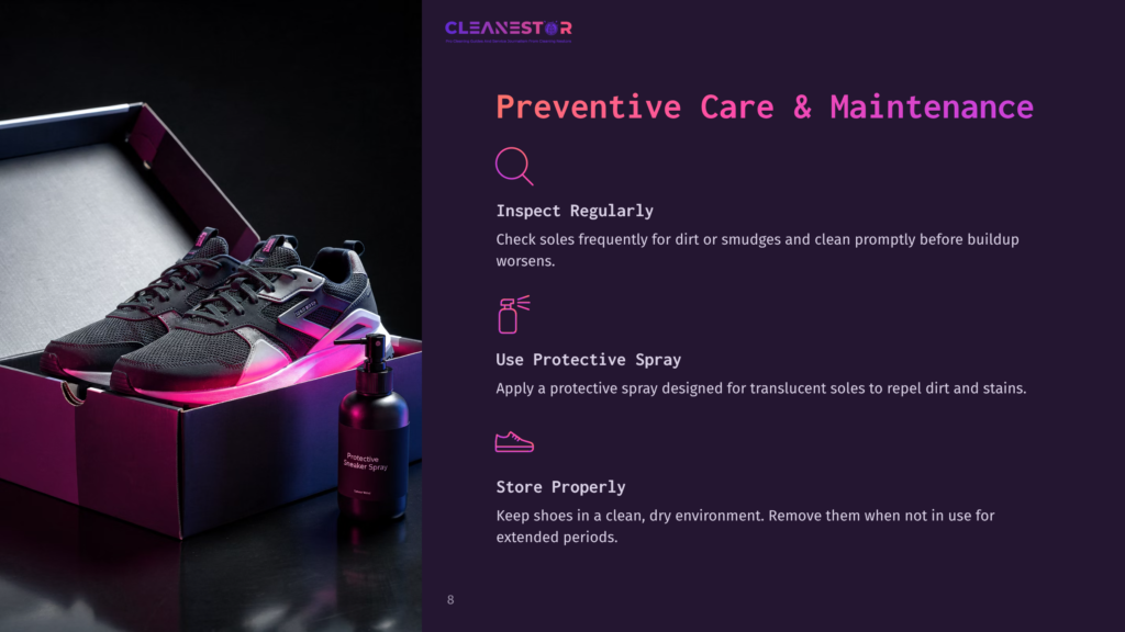 8 Preventive Care And Maintenance 1 A Pair Of Black And Grey Sneakers Rests Inside An Open Black Shoebox, Glowing With Pink Light. A Bottle Of &Quot;Protective Sneaker Spray&Quot; Sits Next To The Shoes.