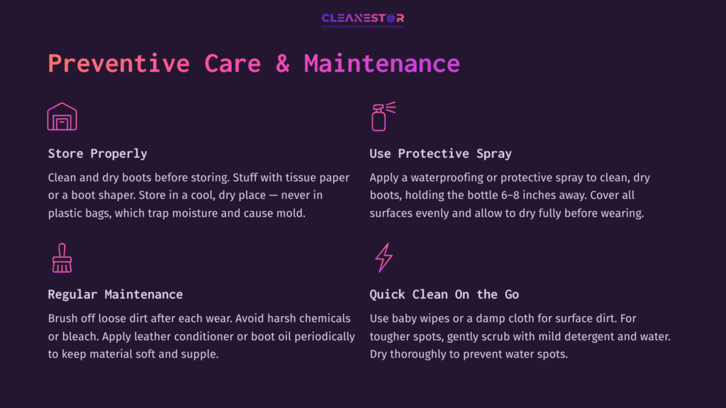 Preventive Care &Amp; Maintenance For Boots: Store Properly, Use Protective Spray, Regular Maintenance, Quick Clean On The Go. Icons Include A House, Spray Bottle, Brush, And Lightning Bolt.