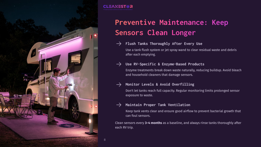A Person In A White T-Shirt And Jeans Sprays A Cleaning Solution Into The Open Door Of A White Rv, Illuminated By Purple Led Lights. &Quot;Cleanestor&Quot; Logo Is Visible At The Top Left.